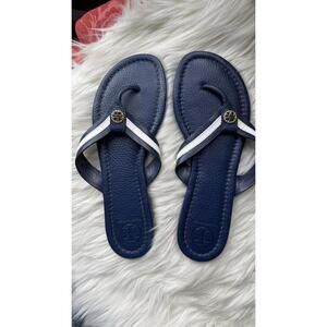 Tory Burch Navy Blue Leather Sandals with White Straps